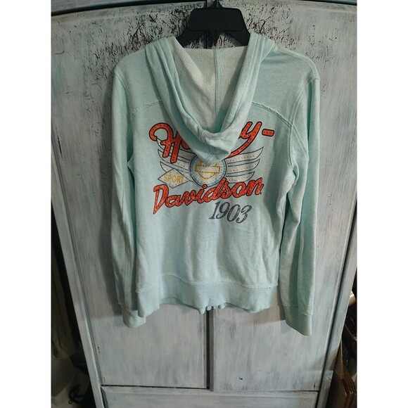 Harley-Davidson Rhinestone Hooded Jacket Blue Medium Motorcycle Y2K - Picture 9 of 15